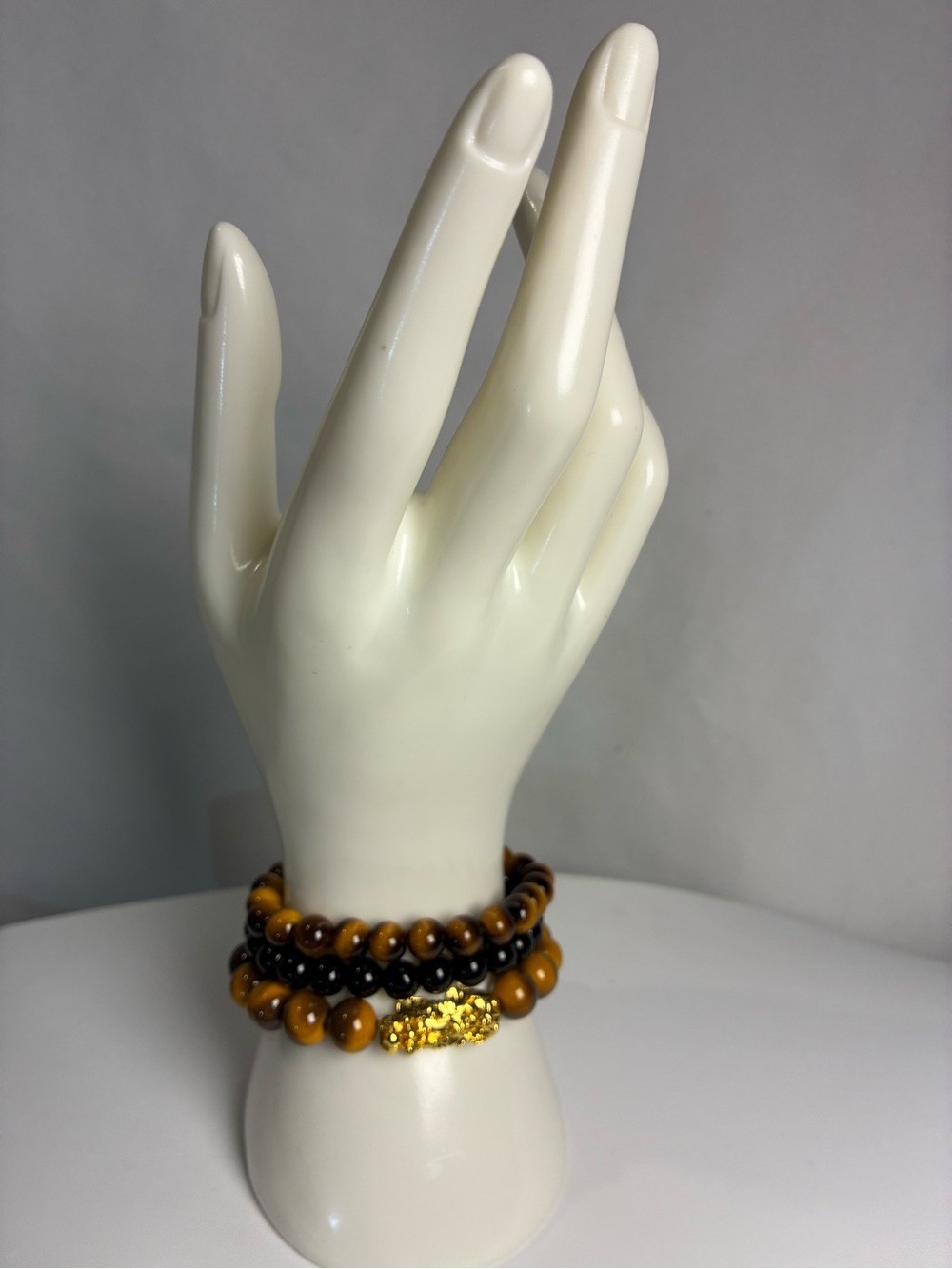 Gold-Tone Tiger Eye & Black Bead Women’s or Men's Bracelet Set